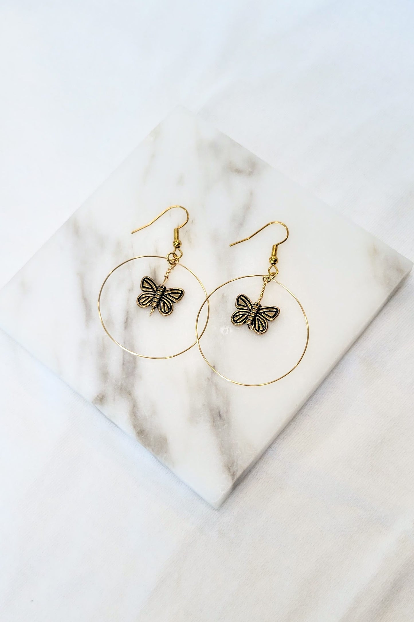 Gold Butterfly Hoop Drop Earrings