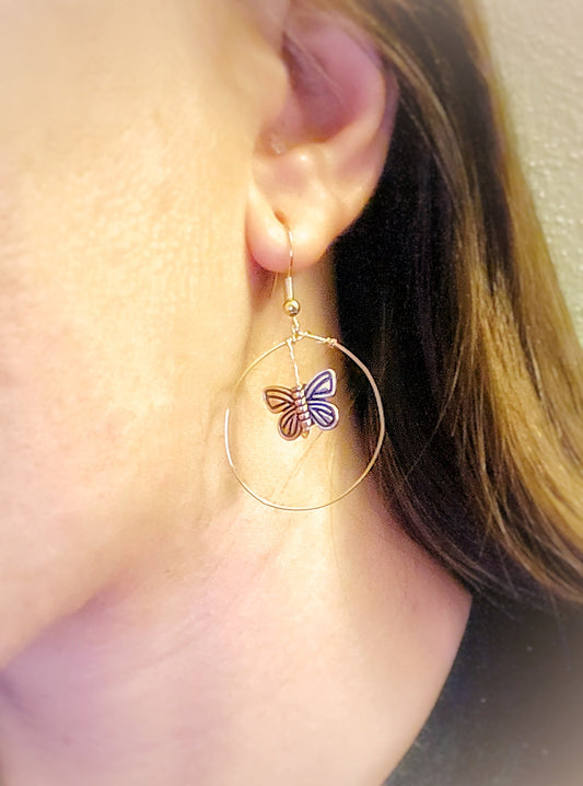 Gold Butterfly Hoop Drop Earrings