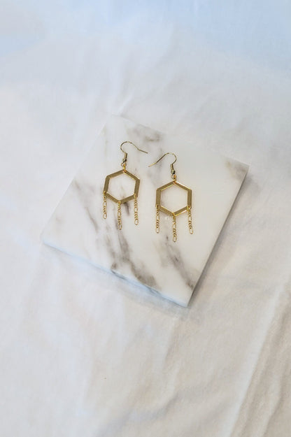 Gold Hexagon Tassel Drop Earrings - Honey in the Rock